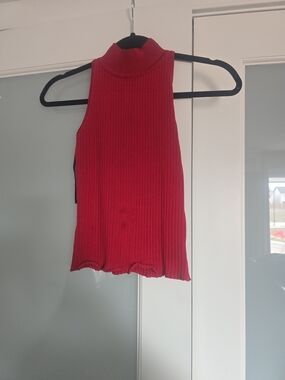 bebe Red Ribbed Mock Neck Tank